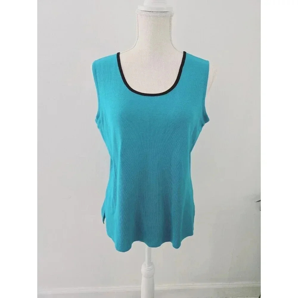Ming Wang Blue Acrylic Knit Black Trim Sleeveless Scoop Neck Tank Top Blouse M